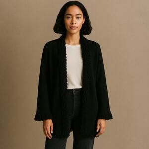 Chico’s Longline Fringe Loop Open Front Cardigan Black Size 3 XL Minimalist Goth